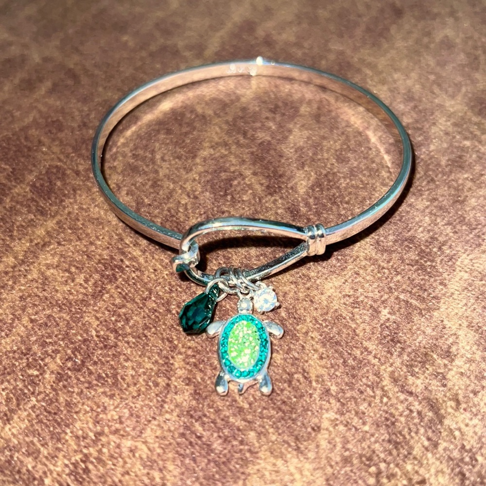 Sterling Silver CZ Turtle Charm Bangle Bracelet